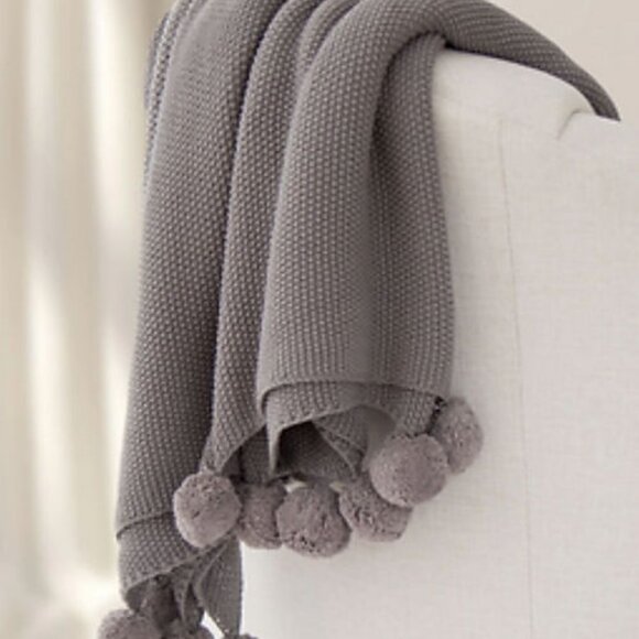 Grey Cotton Seedstitch Throw with Pompoms – 50" x 60" All-Season Blanket - Picture 1 of 5